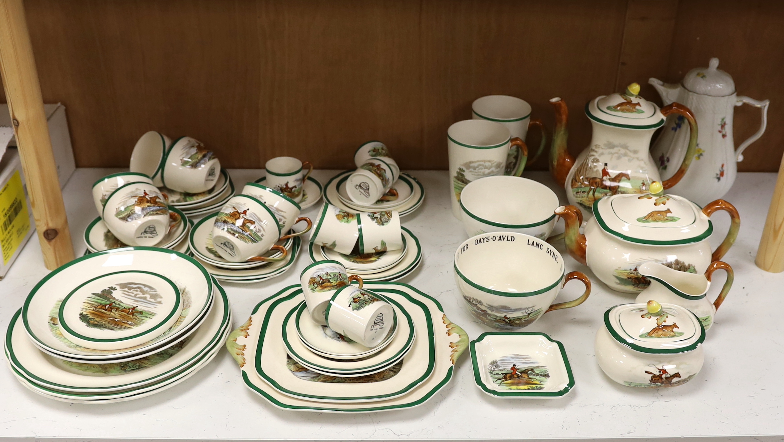 A Copeland Spode hunting pattern tea / coffee set including coffee pot, tea pot and trios, together with a Bavarian floral porcelain coffee pot, largest 22cm high